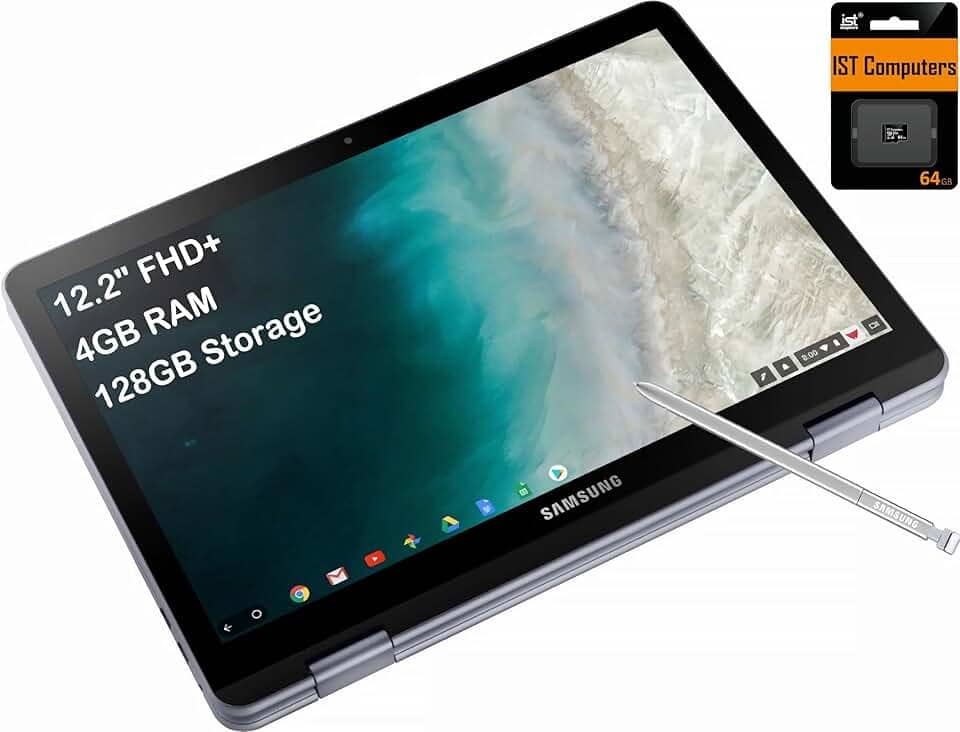 SAMSUNG Laptop Chromebook Plus V2 360 2 em 1 com webcam dupla (tela sensível ao toque FHD de 12,2 polegadas, Intel Celeron 3965Y, 4 GB de RAM, 128 GB (64 GB eMMC + cartão SD de 64 GB), caneta Stylus