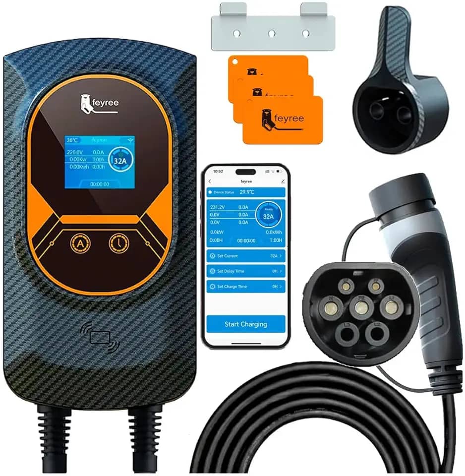 Carregador para Carro Elétrico Portátil, 7,6KW 8-10-13-16-25-32A 85-264V Type 2, Cabo de 5M,Carregador EV Tipo 2 para Carros Elétricos e Híbridos,Uso interno/externo,conexão de celular wi-fi/app