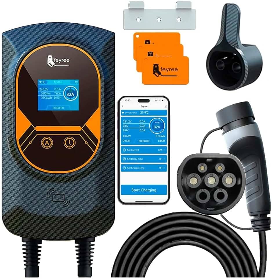 Carregador para Carro Elétrico Portátil, 7,6KW 8-10-13-16-25-32A 85-264V Type 2, Cabo de 5M,Carregador EV Tipo 2 para Carros Elétricos e Híbridos,Uso interno/externo,conexão de celular wi-fi/app