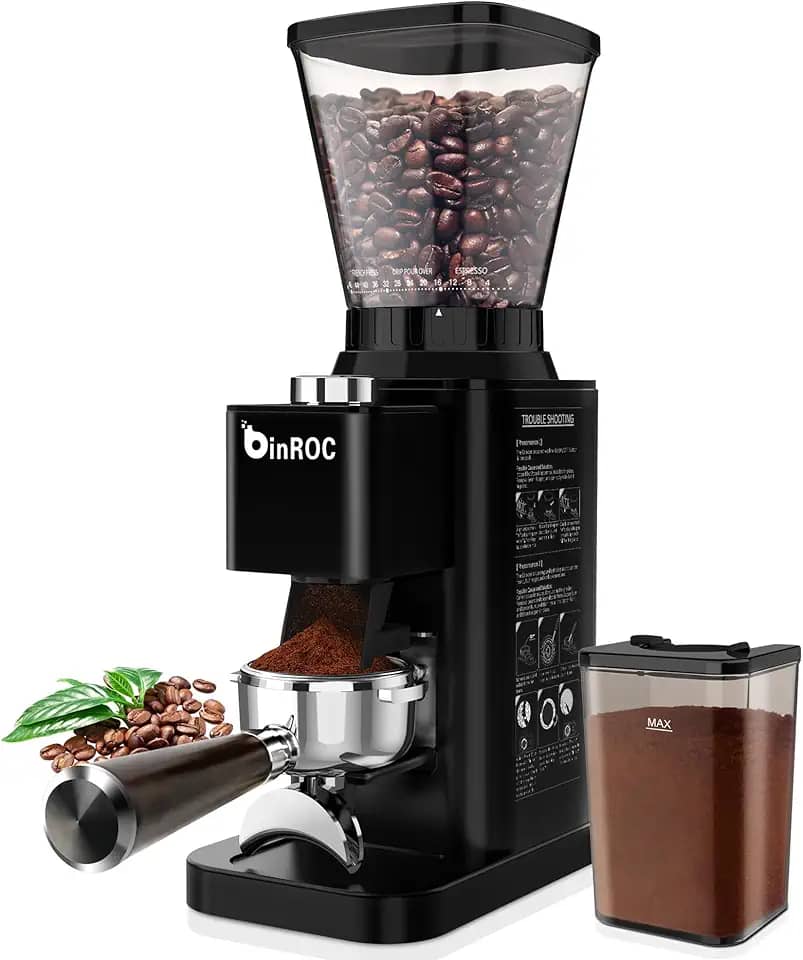 binROC Moedor Elétrico De Café Expresso Cônico Binroc, Moedor De Grãos De Café Para Uso Doméstico, 48 Configurações De Moagem Atualizadas, Temporizador De Precisão, Antiestático Para Coar/Gotejar/Pr