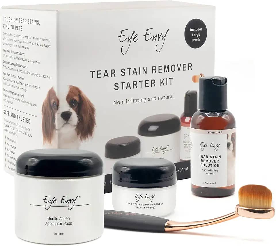Eye Envy Kit inicial de removedor de manchas de lágrimas para cães com escova ProPowder | Solução de manchas, almofadas aplicadoras, pó de manchas e pincel aplicador grande | Dura de 30 a 45 dias