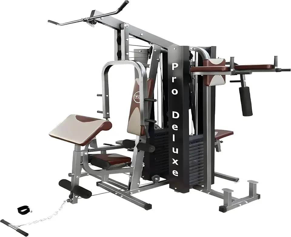 Multi Estação Pro Deluxe 204Kg Anilhas WCT Fitness Musculação Completa Treino Peito Perna Costa Supino Máquina Voador Barra Pulley Cadeira Extensora Banco Scott Legg Press Abdominal Paralela