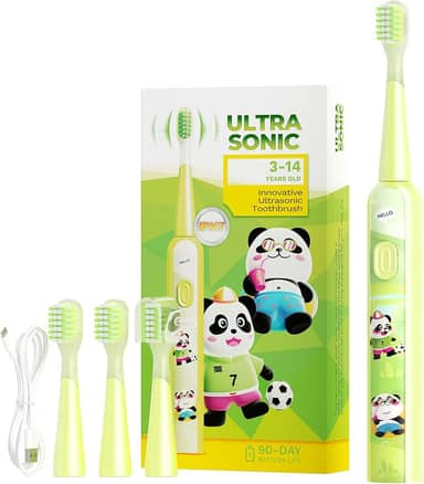 MOMODENT Escova Elétrica Infantil Sônica, Cerdas Extra Macias, 3 Modos de Vibração, 3 Cabeças Substituíveis, IPX7 à Prova D'Água, Recarregável, para Crianças de 3 a 12 Anos (Verde)