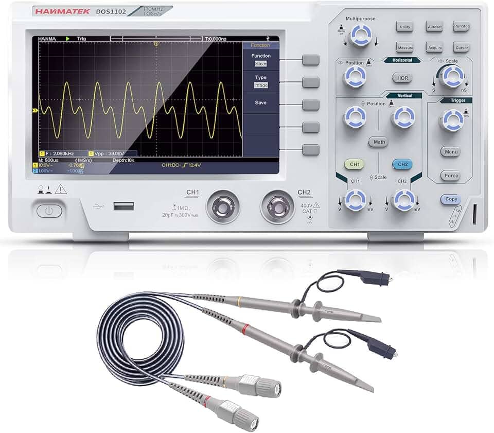 Osciloscópio digital HANMATEK 110 mhz de largura de banda DOS1102 com 2 canais e tela de 18 cm, tela TFT-LCD, kit de osciloscópio profissional portátil com taxa de amostragem de 1GS/s (não para uso médico)