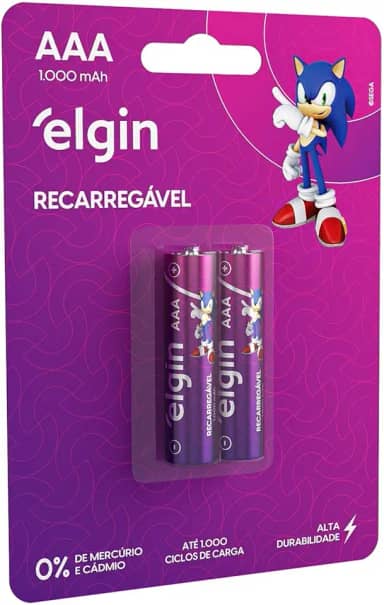 Pilha recarregável AAA 1000mAh Elgin com 2 unidades Palito
