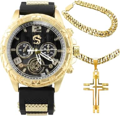Relógio Masculino Casual Dourado Original Luxo + Kit Acessorios Banhados ouro 18k - Presente