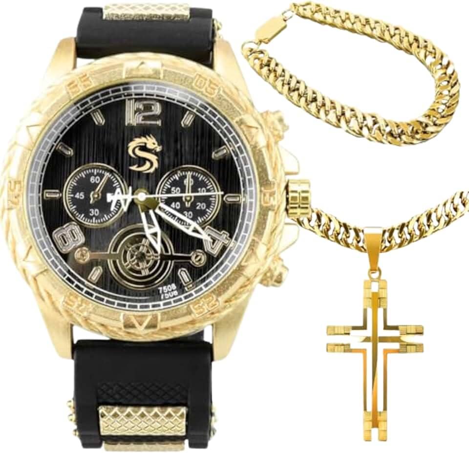 Relógio Masculino Casual Dourado Original Luxo + Kit Acessorios Banhados ouro 18k - Presente