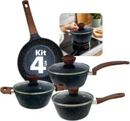 Conjunto Panelas Antiaderente 4 Peças com Tampa de Vidro – Fundo Triplo de Indução, Revestimento Stone, Preto