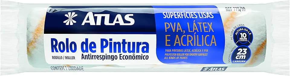 Rolo para Pintura Anti Respingo, Manta de Lã Sintética 100% Poliéster com 10mm de Altura, Tamanho 23 cm, Atlas.
