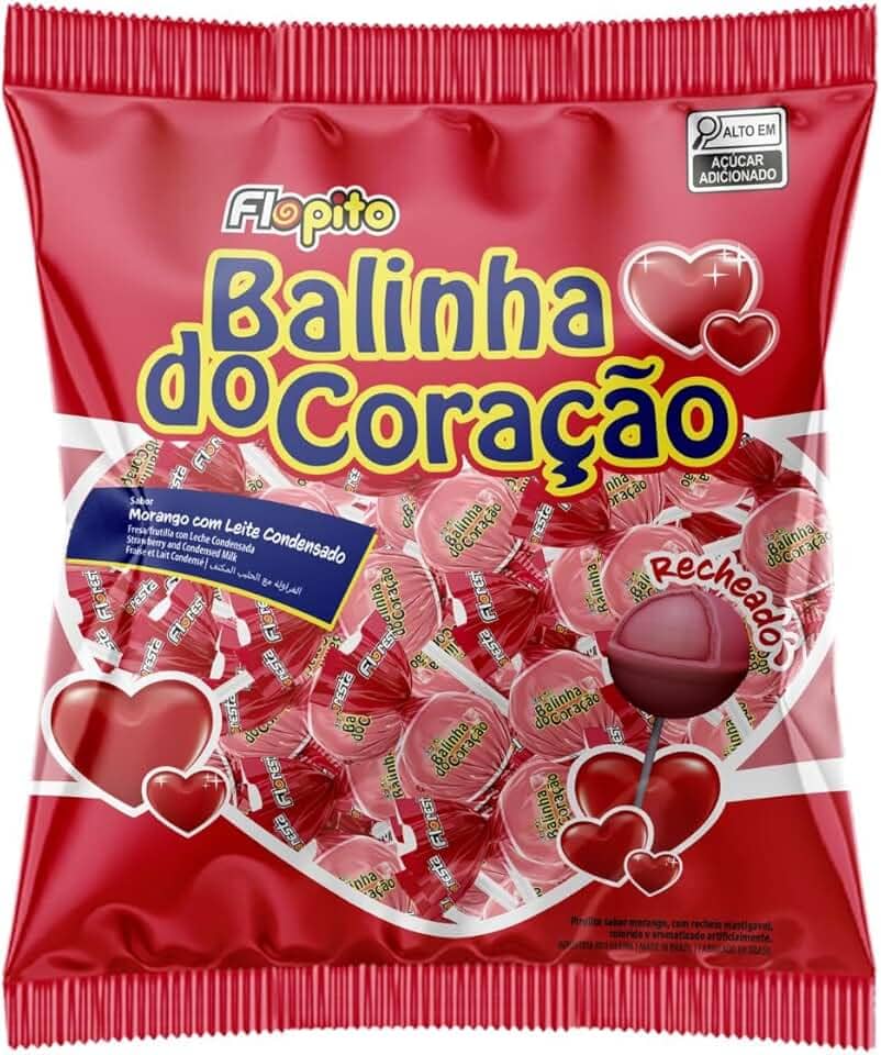Pirulito Flopito Balinha do Coração Recheado 500g C/50un Morango com Leite Condensado Florestal