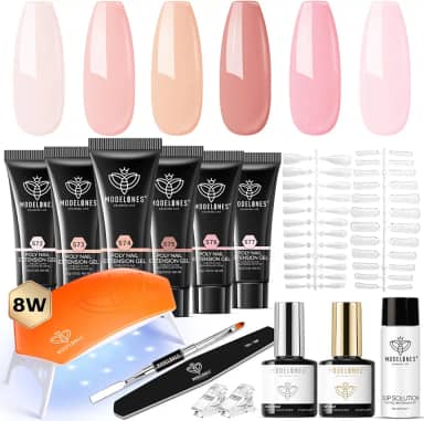 Modelones Kit de Unhas de Gel Poly 6 Cores com Lâmpada de 8 W - Gel Jelly nas Cores Rosa, Branco, Rosa Nude. Ferramentas Completas e Soluções de Espessamento, Ideal para Iniciantes e para Fazer Você Mesmo em Casa.
