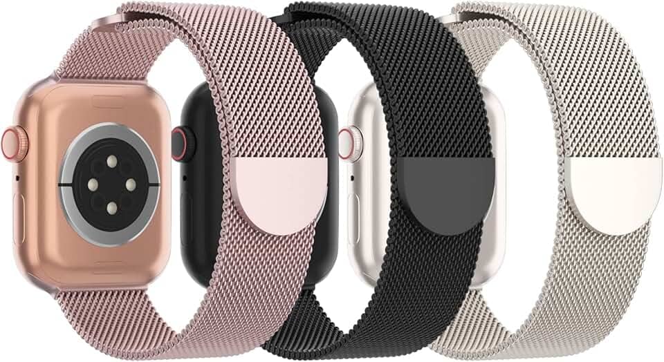 Pulseira de Metal de Malha Steezrd, Aço inoxidável, Magnética, Compatível com Apple Watch Ultra/2 Séries 10/9/8/SE/7/6/5/4/3/2/1 de 38, 40, 41, 42, 44, 45, 46, 49 mm, Unissex, 3 Unidades