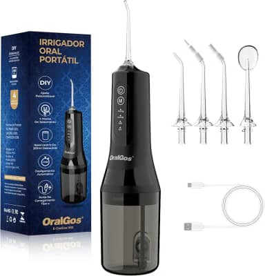 Irrigador Dental Portatil 260ML, 4 Modos de Jato, 4 Bicos, Limpeza Profunda dos Dentes e Gengivas, Elétrico, Recarregável, À Prova d’Água IPX7 (Preto)
