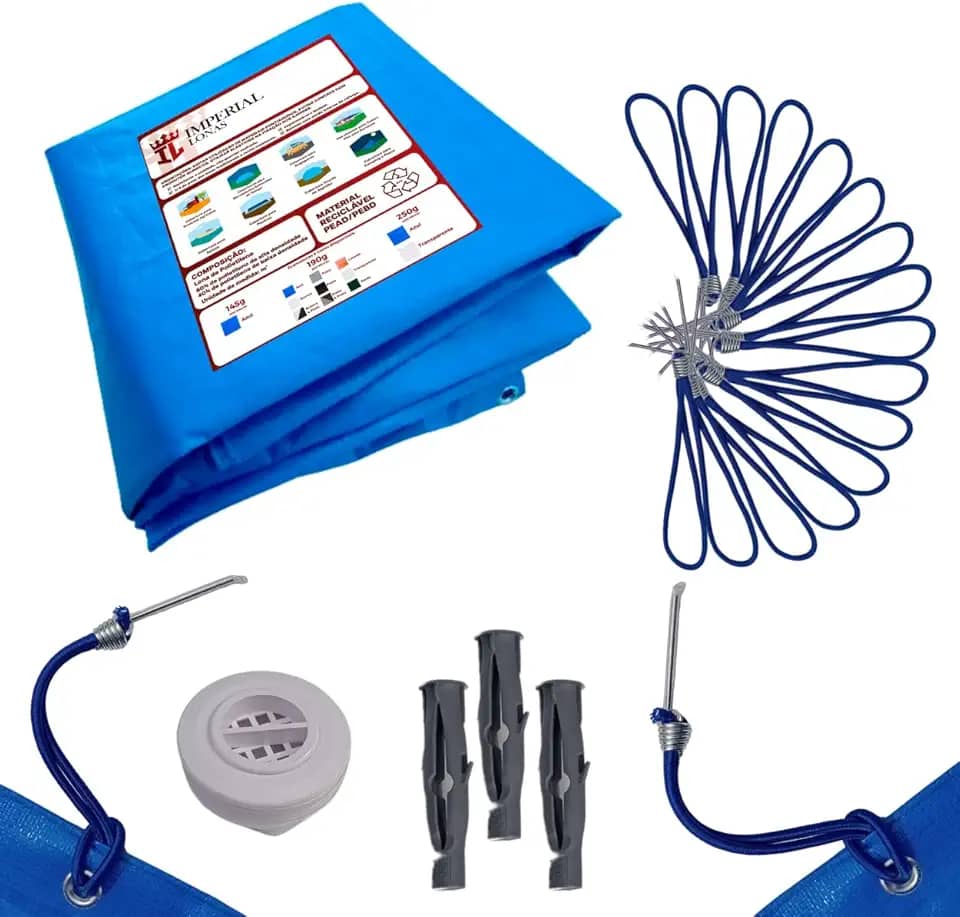 Lona Capa Para Piscina 7,5x3,5 300 Micras Com Kit Instalação Cor:Azul - Resistente aos raios UV - Cobertura de Piscina