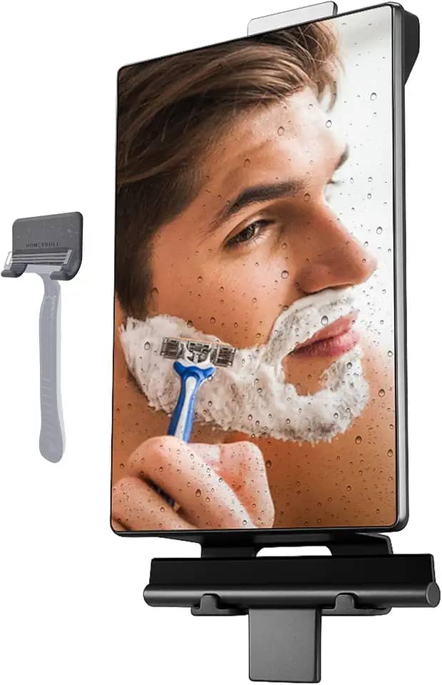 HONEYBULL Espelho de chuveiro com tanque de água para antiembaçamento | Barbear - com sucção para chuveiro e giratório, espelho pequeno, acessórios de chuveiro, espelho de banheiro, acessórios de