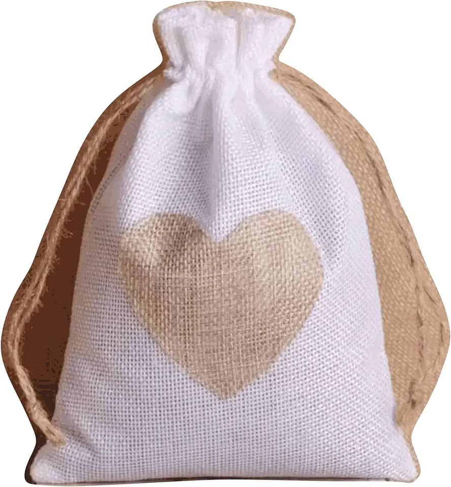 10 Saquinhos de Juta Linho natural Para Festa e Lembrancinha com coração - Cor: Khaki, Branca e Bege (BRANCO, 10x14cm)
