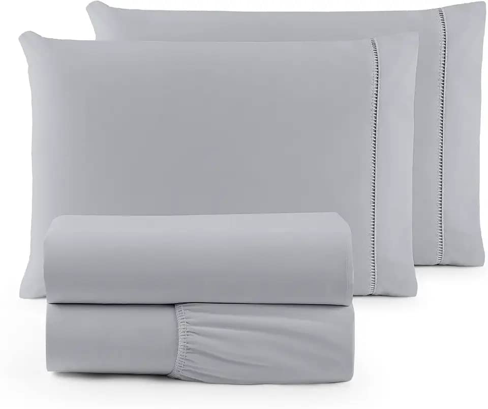 Jogo de Lençol SOLTEIRO 3 Peças 400 Fios Lençol de Cima Ponto Palito Toque de Pessego Lençol com Elastico e Com Fronha (CINZA, SOLTEIRO 3 PEÇAS)