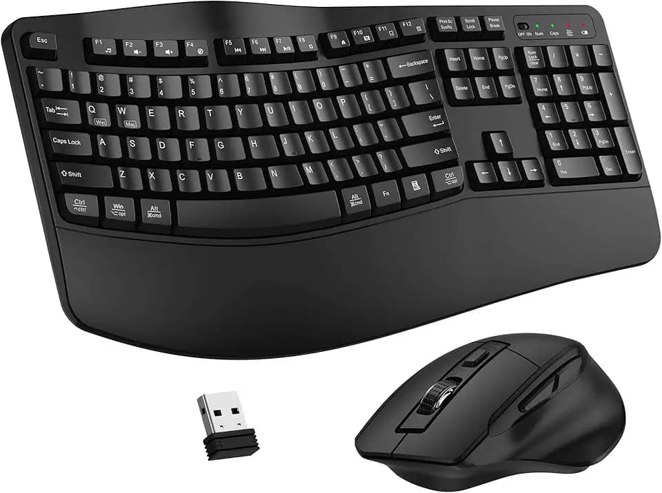 Combo de teclado e mouse sem fio, teclado ergonômico de 2,4 G, teclado ergonômico com descanso de pulso e mouse ergonômico sem fio ajustável de 3 níveis DPI para Windows, Mac OS, desktop/laptop/PC
