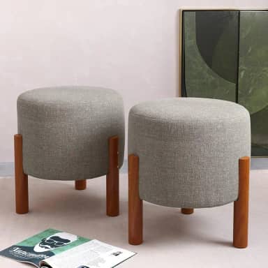PC Móveis – Kit 2 Puff Redondo Luxo Decorativo em Linho ou Suede – Sala, Quarto e Escritório (Linho, Cinza)