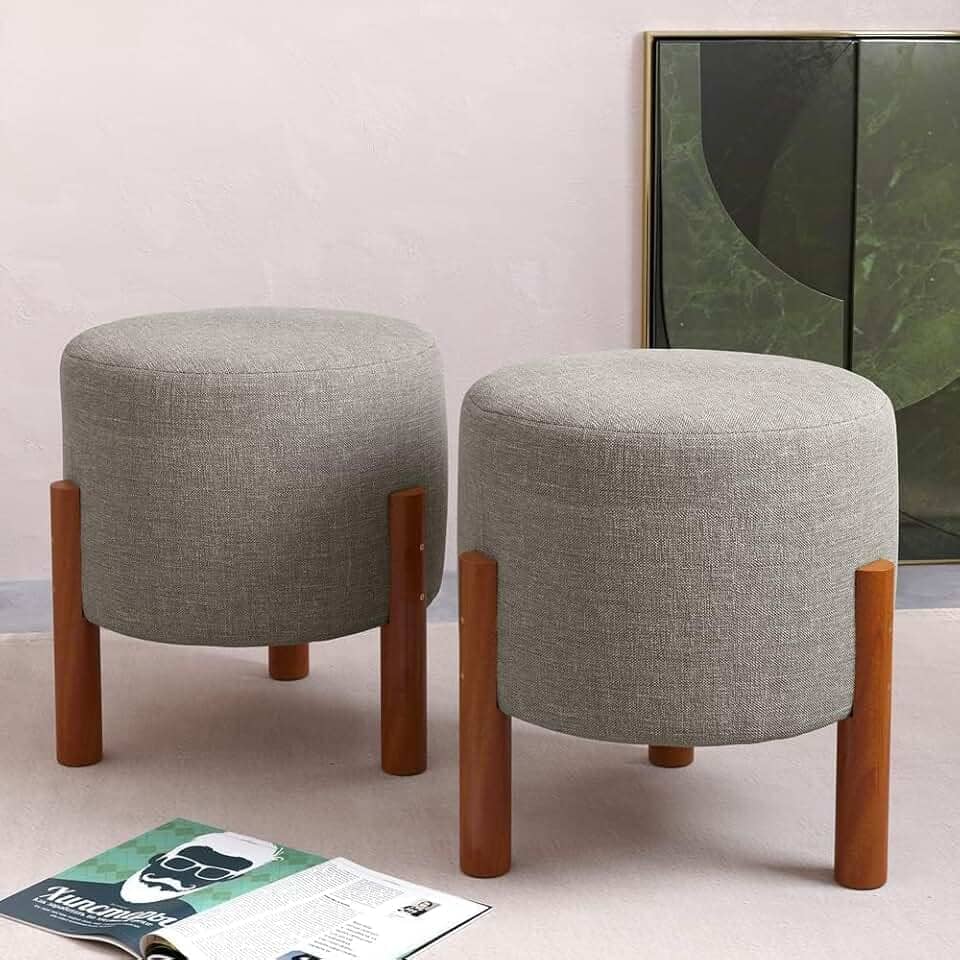 PC Móveis – Kit 2 Puff Redondo Luxo Decorativo em Linho ou Suede – Sala, Quarto e Escritório (Linho, Cinza)