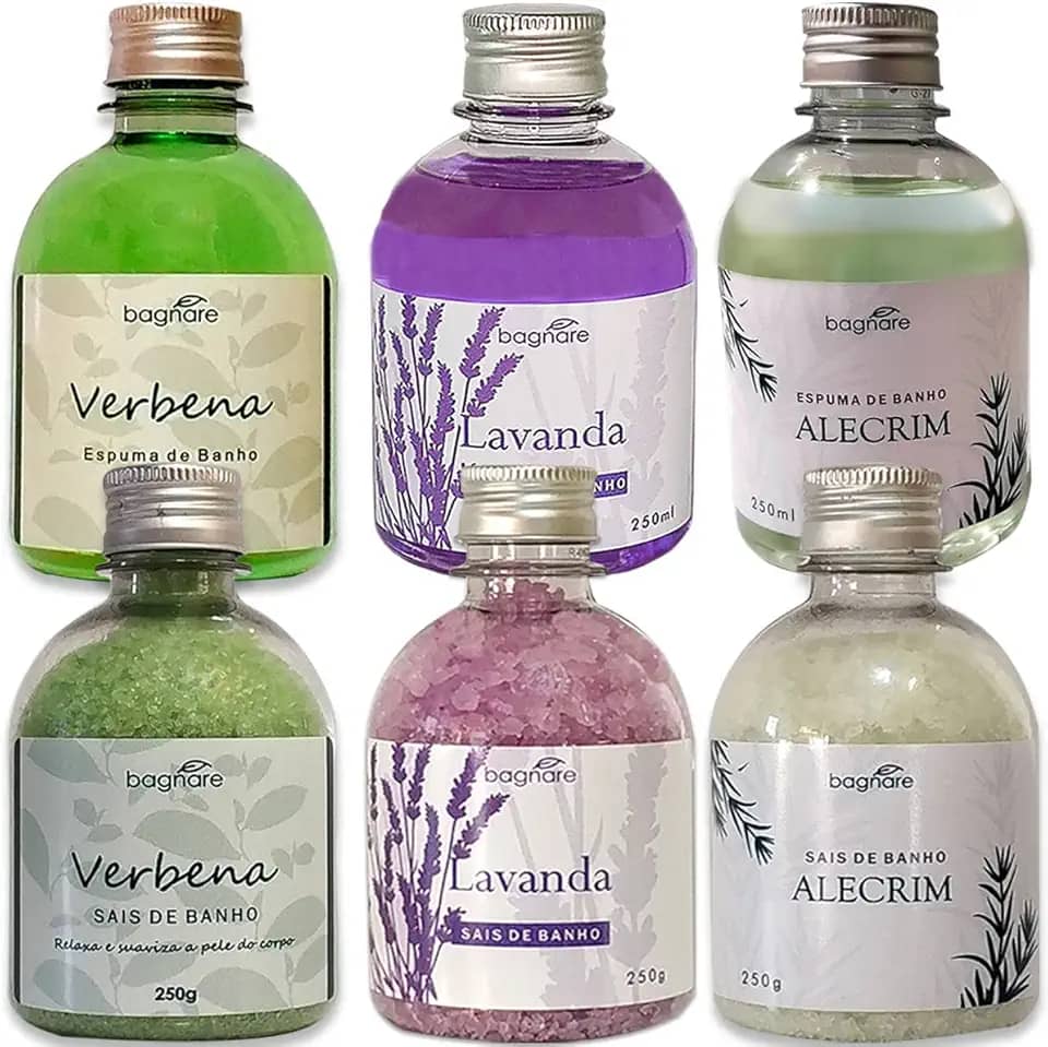 Kit 3 Sais De Banho e 3 Espumas para Banheira Hidromassagem Ofurô Lavanda Alecrim Verbena
