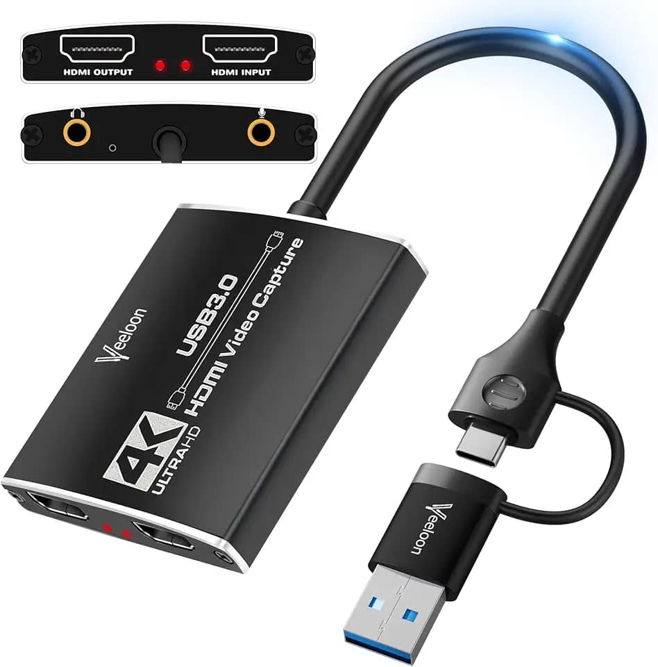 Placa de captura de áudio e vídeo para transmissão, placa de captura HDMI 4K para USB C com adaptador USB A 3.0, 1080p 60FPS, funciona com iPad Mac OS Windows, câmera/Xbox/PS5/PC/OBS/DVDs, DSLR para