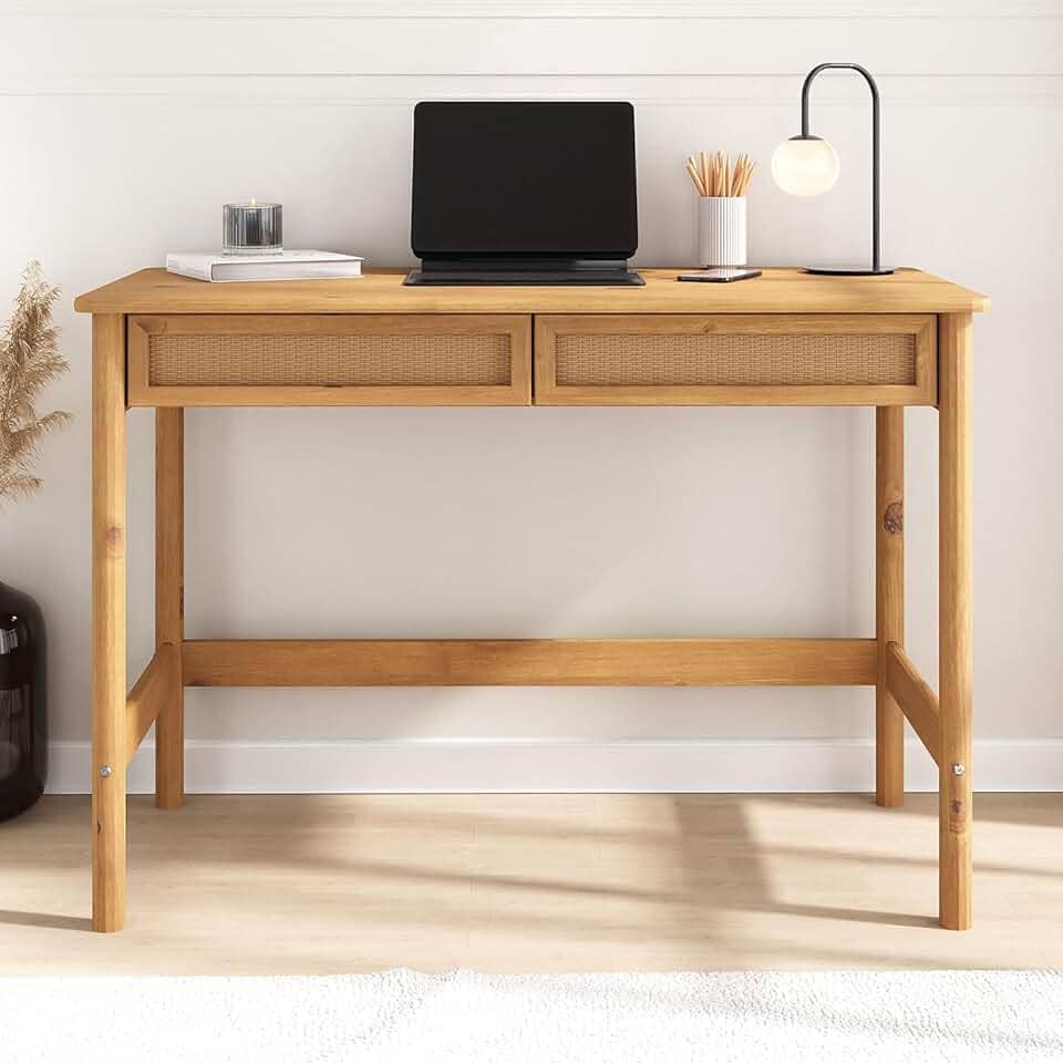 IDIMEX Mesa Escrivaninha com 2 gavetas em Rattan Palha Natural 110 cm Rodrigo cor Freijó Escrivaninha para quarto em madeira com pés Torneados Minimalista