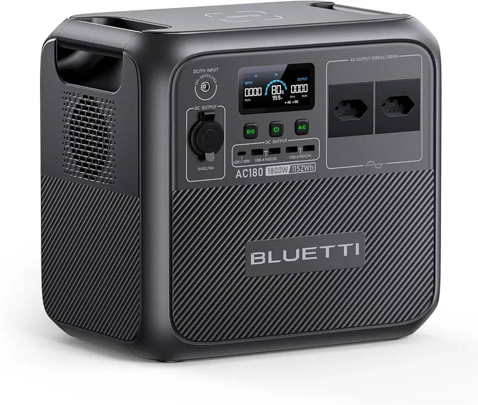 BLUETTI AC180 Gerador de Energia Solar, Bateria LiFePO4 de 1.152Wh, 0-80% em 45 Minutos, 2 Saídas CA 220V|1.800W (Pico de 2.700W), Estação de Energia Portátil para Camping, Falta de Energia