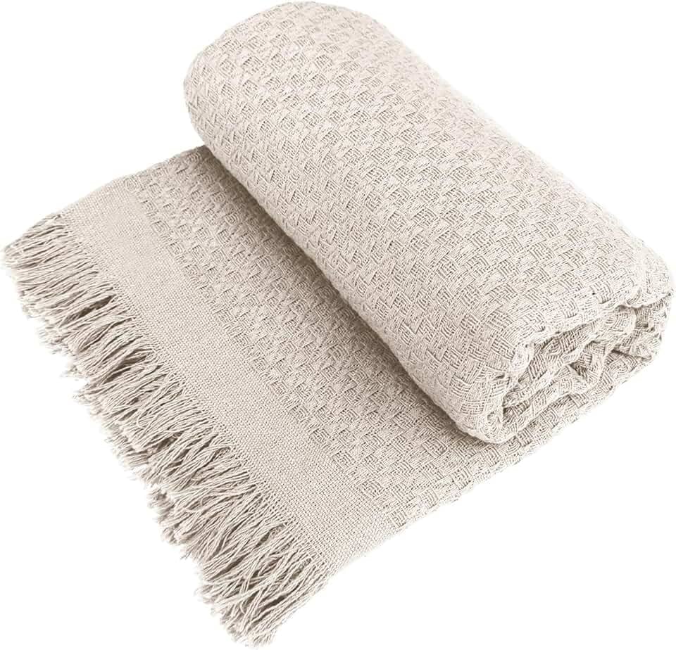 Decolab Manta para Sofá em Algodão com Franjas Artesanais | Cobertor Decorativo para Sofa, Poltrona e Cama | Estilo Boho Chic (Branca-Cru)