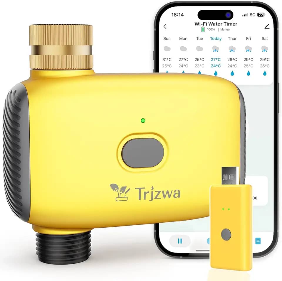 TRJZWA Temporizador de água WiFi para jardim, WiFi, temporizador de irrigação, 1 saída de latão com atraso de chuva/manual para sistema de irrigação de jardim/gramado/quintal