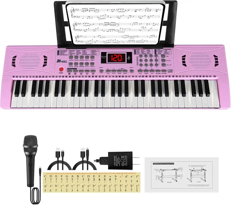 Teclado de piano elétrico, teclado digital de 61 teclas para piano com alto-falante e suporte para partituras, presente para crianças iniciantes na educação infantil, rosa