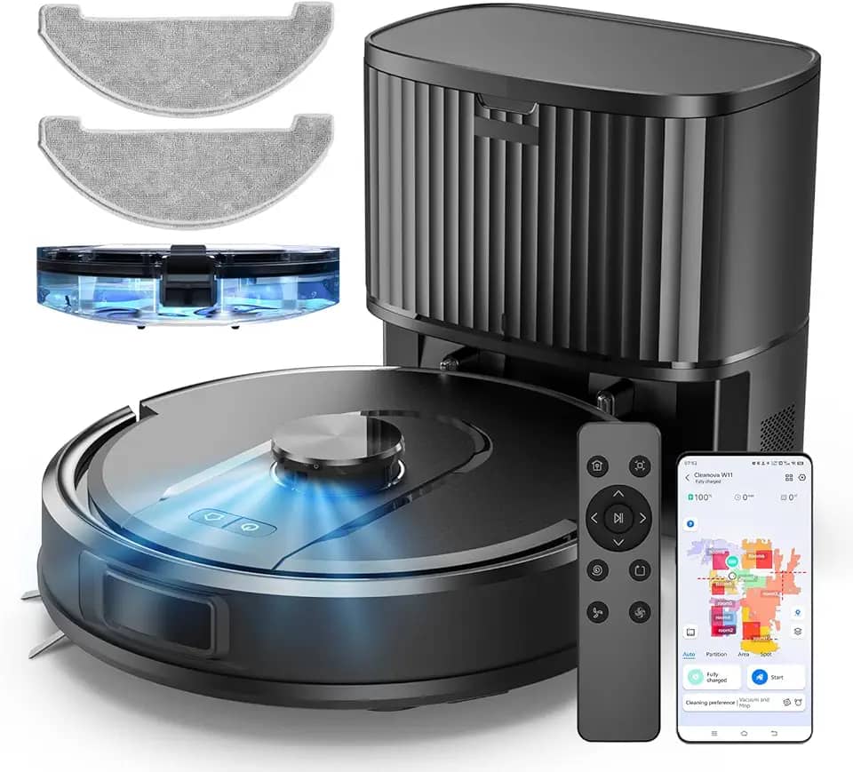 Vexilar Robô aspirador de pó e esfregão com autoesvaziamento, aspirador robótico 5000Pa com navegação LiDAR, limpeza mãos livres de 60 dias, tempo de execução de 180 minutos, mapeamento doméstico