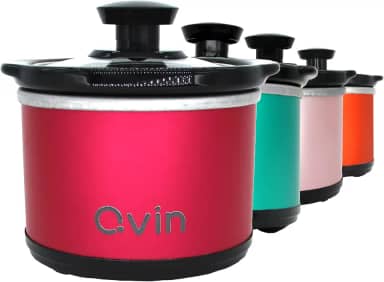 Qvin Mini Panela De Cozimento Lento Redonda 0,65 Qt, Aquecedor Fusão Para Fondue Com Pote Cerâmica Lavável Na Máquina Lavar Louça, Tampa Vidro, Aço Inoxidável, Vermelho-Rosa