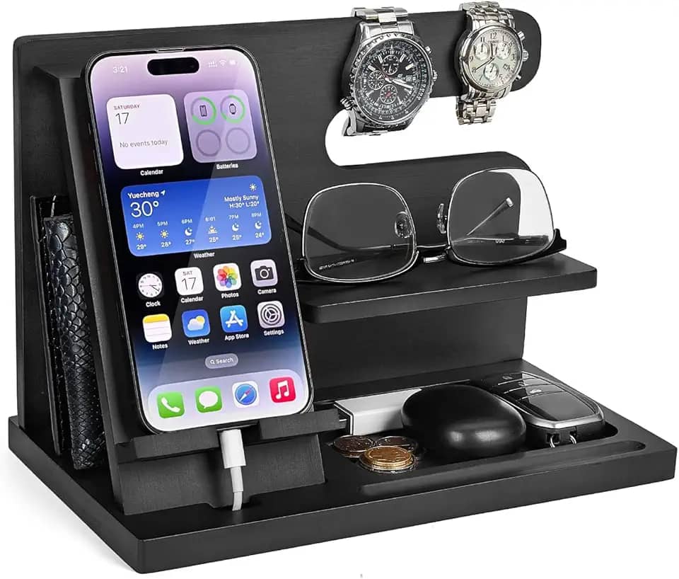 Estação de ancoragem de madeira para telefone – organizador de mesa de cabeceira para celular, relógio, carteira – presente de aniversário para homens ou marido (preto)