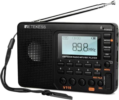 Rádio digital AM FM Retekess V115, rádios portáteis de ondas curtas, sintonizador digital de rádio recarregável e predefinições, suporte para gravação Micro SD e AUX, alto-falante baixo preto