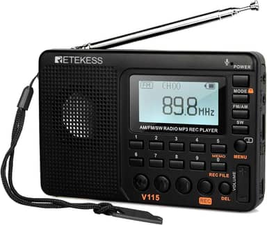 Rádio digital AM FM Retekess V115, rádios portáteis de ondas curtas, sintonizador digital de rádio recarregável e predefinições, suporte para gravação Micro SD e AUX, alto-falante baixo preto