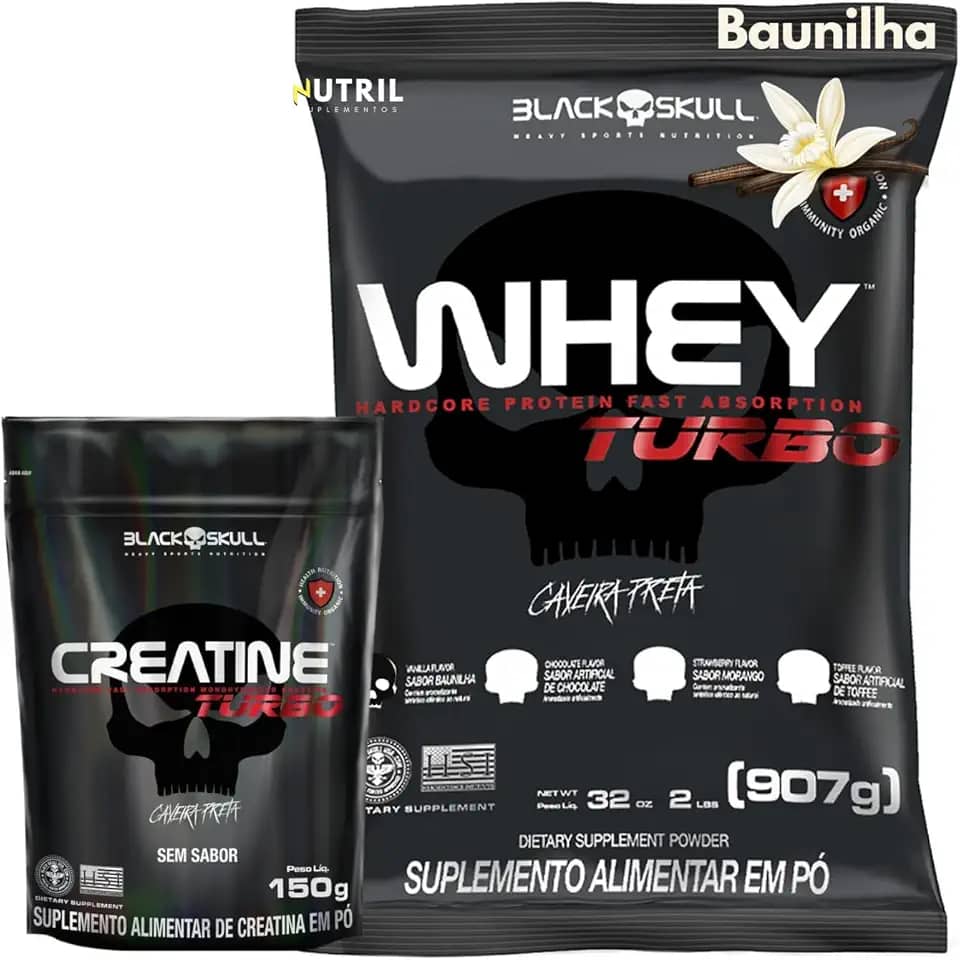 Kit Whey Protein Turbo + Creatina Monohidratada 150g - Black Skull - Ganho de Massa Muscular - Força (Baunilha)