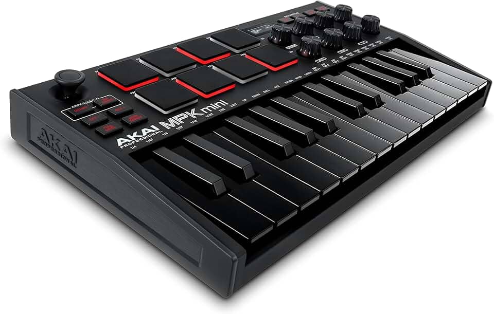 Akai Professional MPK Mini MK3 - Controlador de Teclado MIDI USB com 25 Teclas, 8 Pads de Bateria Iluminados, 8 Knobs, Software de Produção Musical e Pacote de Sons da Native Instruments, Preto