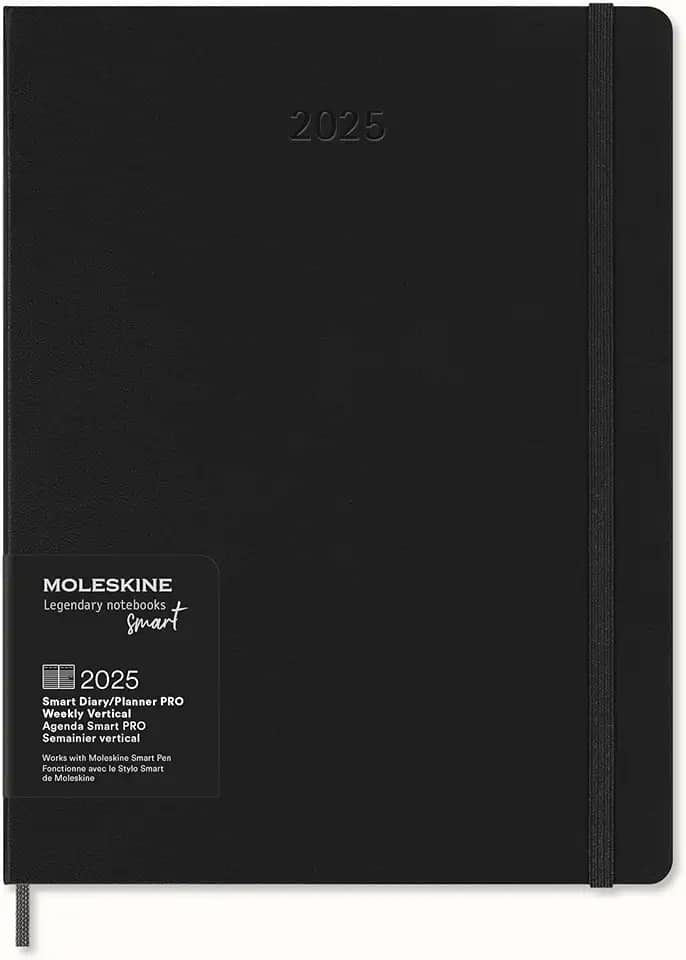 Moleskine 12 Month 2025 PRO Smart Weekly Vertical Planner, Hard Cover, XL (7.5" x 9.5") Black - Compatible with Moleskine Pen+ (Sold Separately) & App