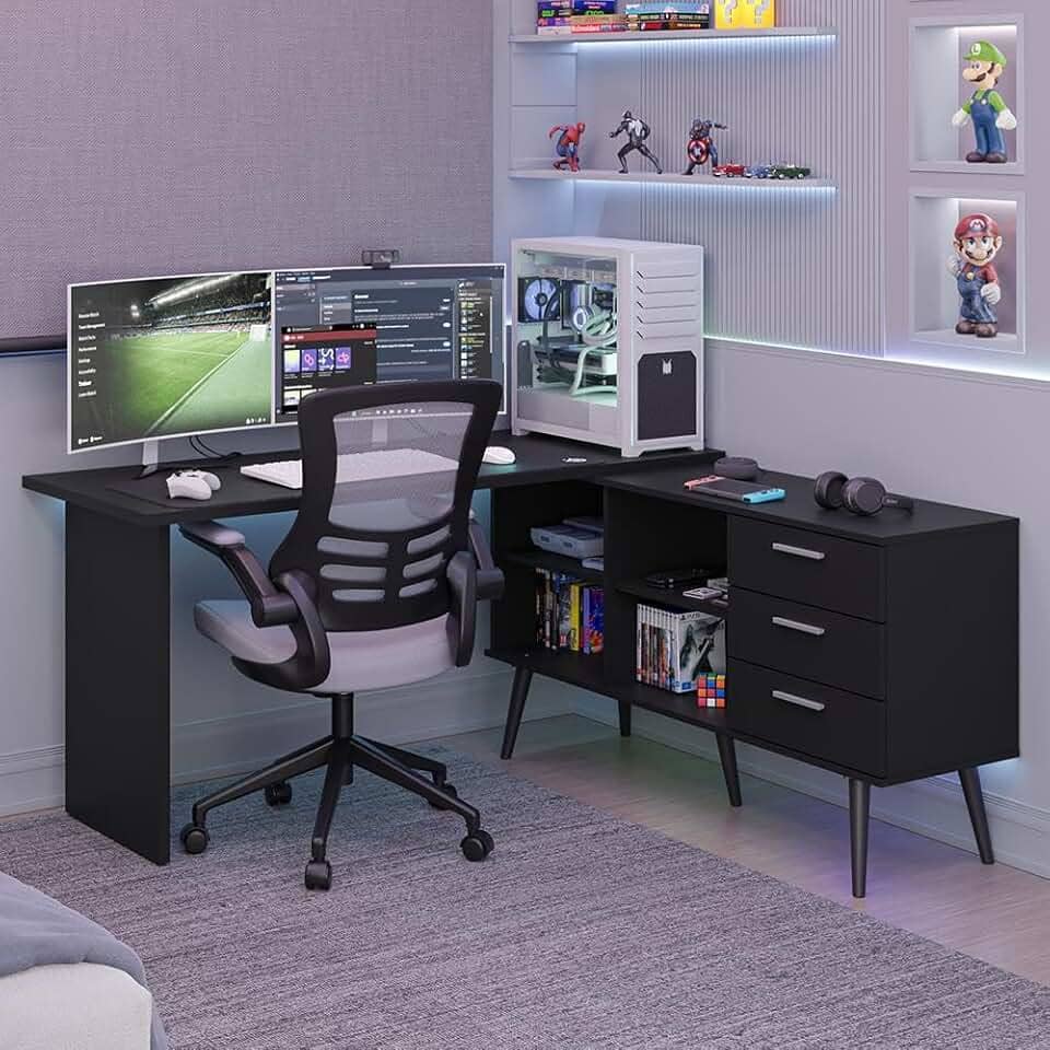 Mesa para Computador Gamer em L 3 Gavetas Preto Lisboa Madesa