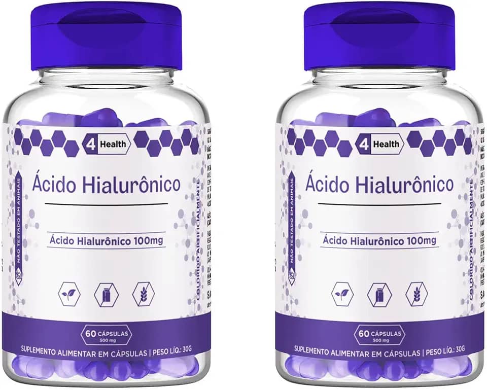 Suplemento Ácido Hialuronico, Hidratação, Firmesa 100mg 60 capsulas - 4 Health - 2 POTES