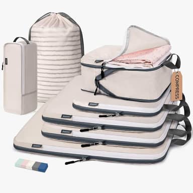 CherryNow Cubos de compressão, 7 conjuntos de sacos de viagem para viagem, itens essenciais de viagem para mochila, cubos de embalagem para compressão de viagem, bege