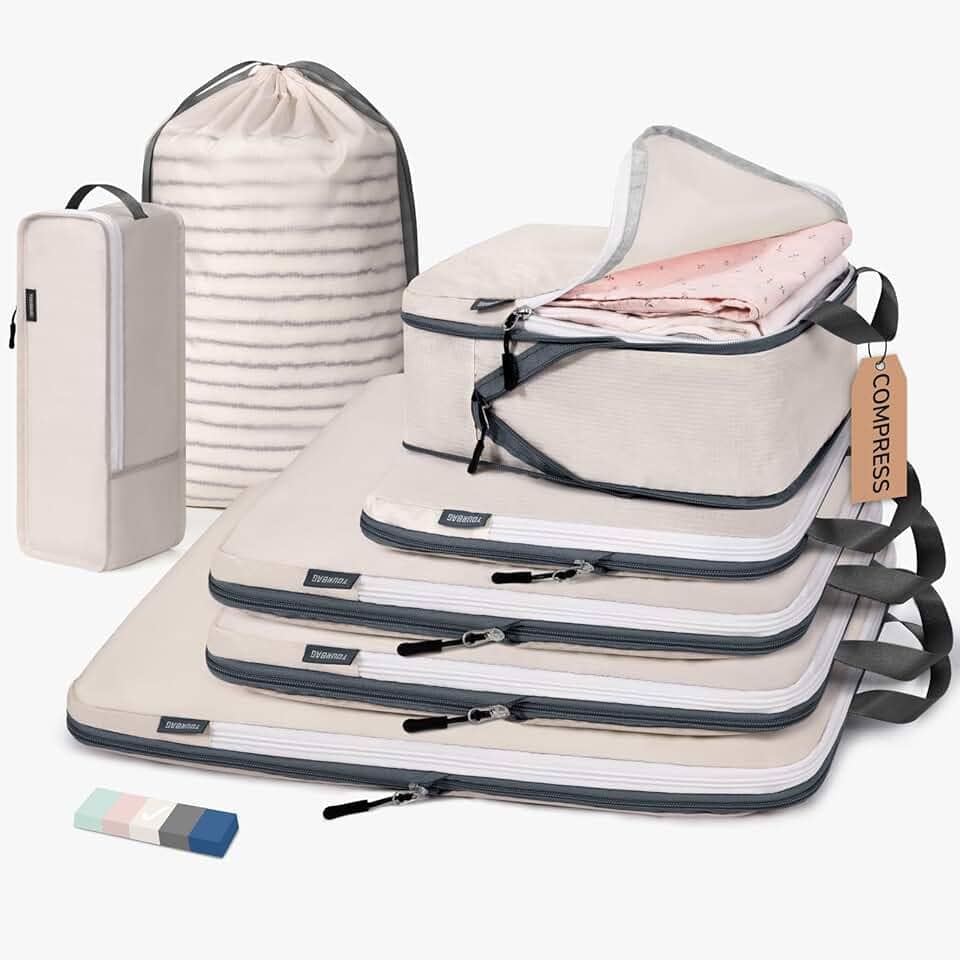 CherryNow Cubos de compressão, 7 conjuntos de sacos de viagem para viagem, itens essenciais de viagem para mochila, cubos de embalagem para compressão de viagem, bege
