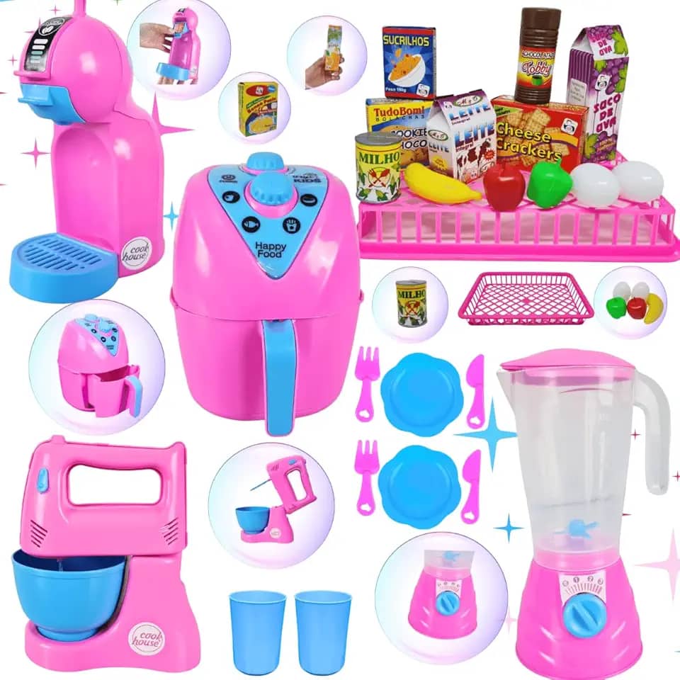 Kit Cozinha Infantil de Brinquedo Eletrodomésticos Comidinhas C/ 25 peças