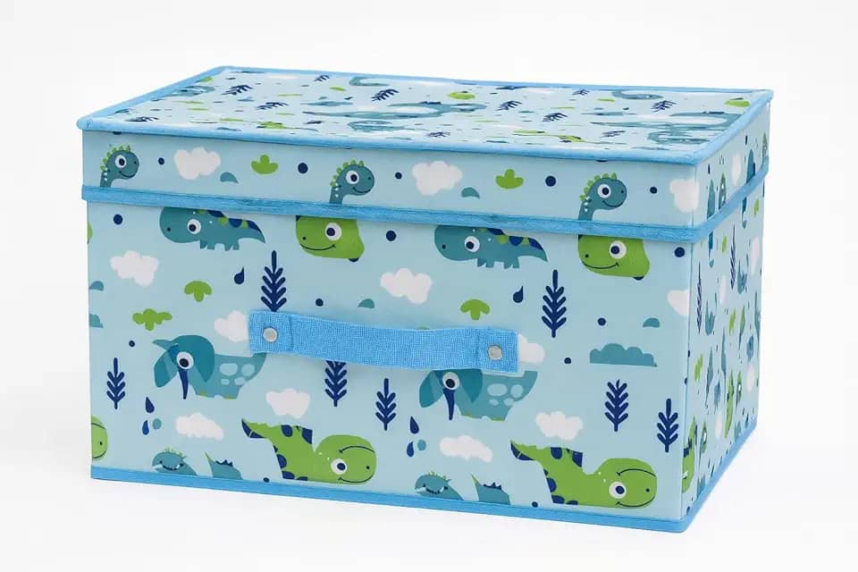 Caixa Organizadora Infantil com Tampa, Estampa Dinossauros, Dobrável para Brinquedos e Acessórios, Azul