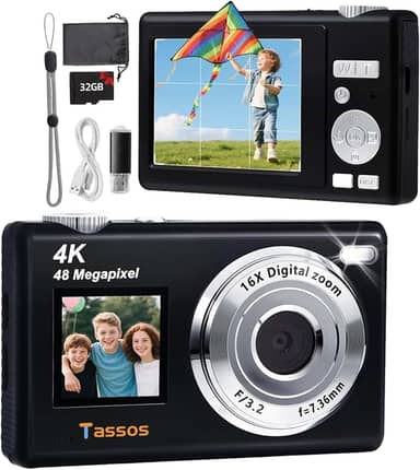 Câmera digital, câmera para vlogs, câmera fotográfica 48MP 4K - Câmera digital compacta com tela dupla, cartão de 32 GB, zoom digital de 16x e estabilizador de imagem para e iniciantes. (preto)