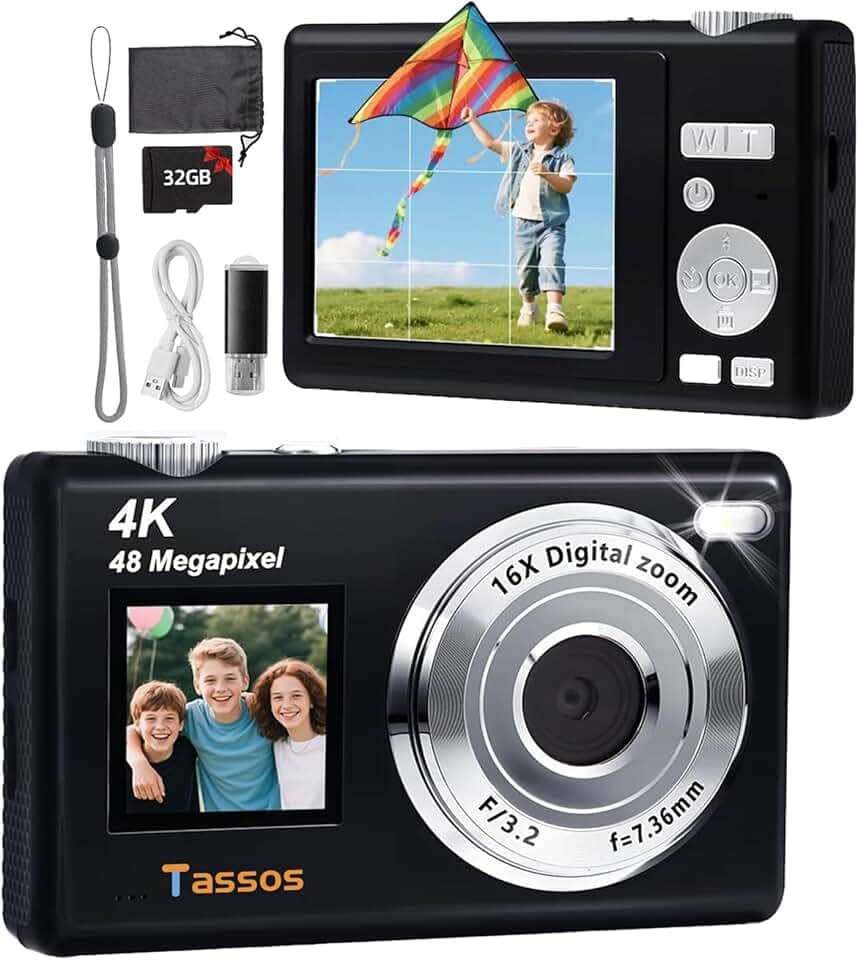 Câmera digital, câmera para vlogs, câmera fotográfica 48MP 4K - Câmera digital compacta com tela dupla, cartão de 32 GB, zoom digital de 16x e estabilizador de imagem para e iniciantes. (preto)