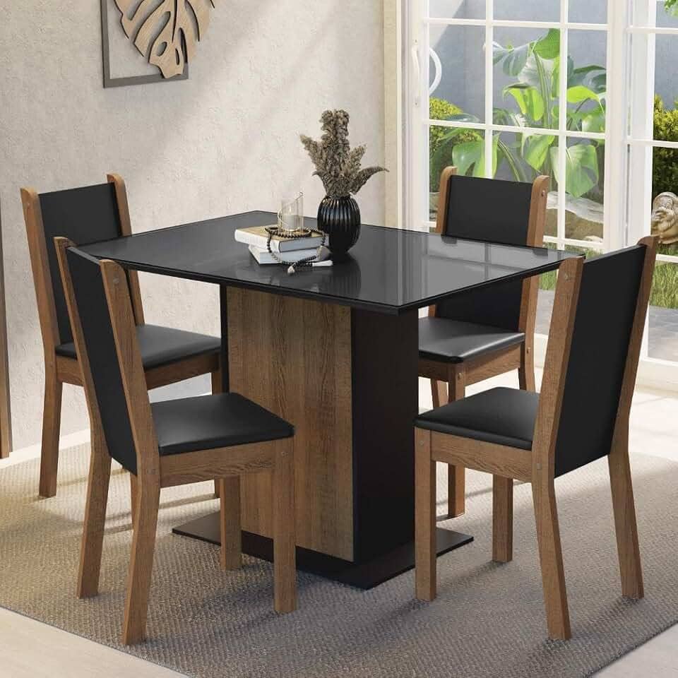 Conjunto Sala de Jantar Mesa Tampo de Vidro 4 Cadeiras Preto/rustic Martina Madesa