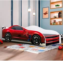 Conjunto Cama Carro Infantil Aranha Com Proteção Lateral Mdf Com Colchão - Vermelho