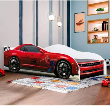 Conjunto Cama Carro Infantil Aranha Com Proteção Lateral Mdf Com Colchão - Vermelho